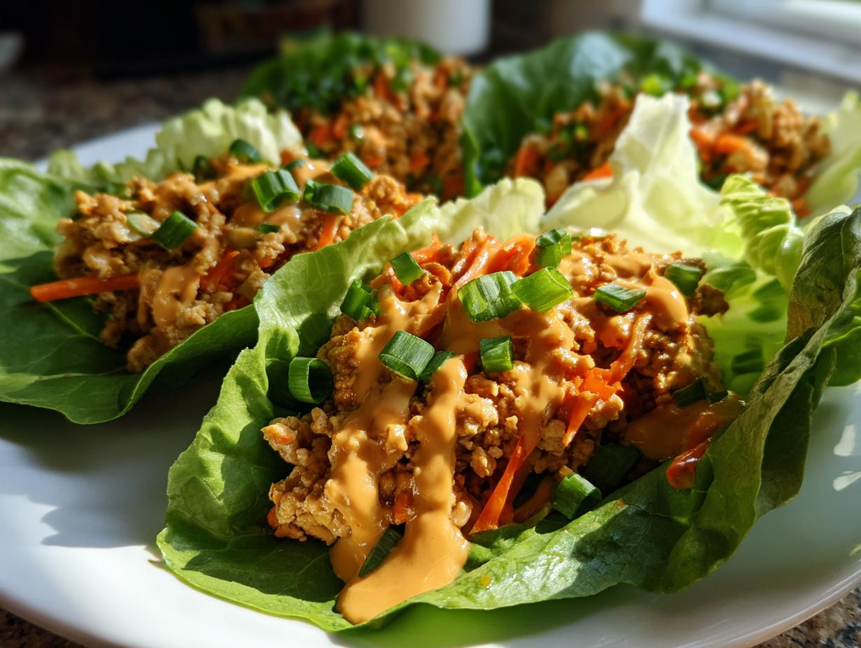 Close-up of fresh thai chicken lettuce wraps filled with ground chicken, carrots, and drizzled with peanut sauce.