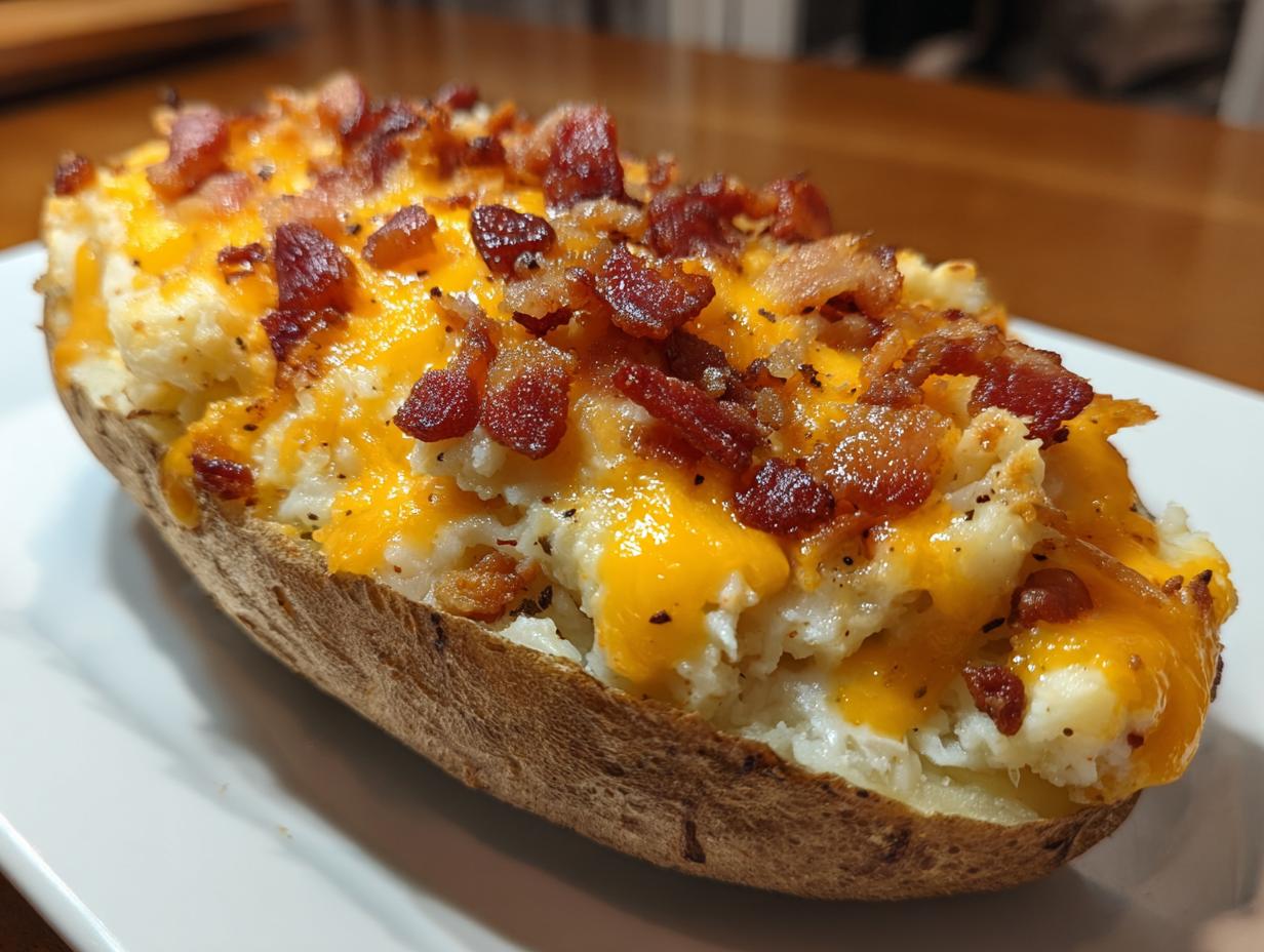 A close-up of a perfectly prepared twice baked potato loaded with melted cheddar cheese and crispy bacon bits.