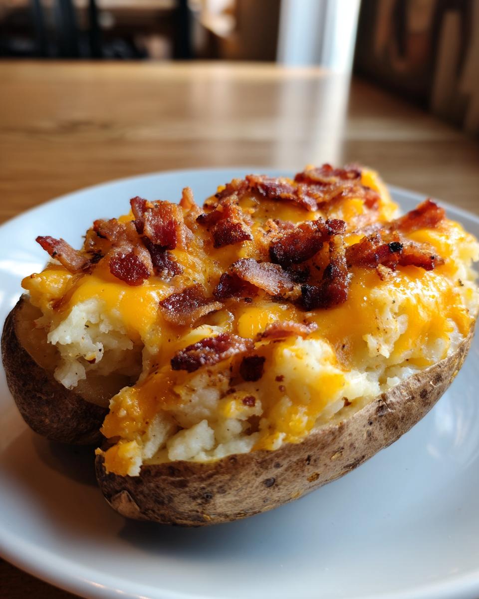 A perfectly prepared twice baked potato, stuffed with creamy filling, melted cheddar cheese, and crispy bacon bits.