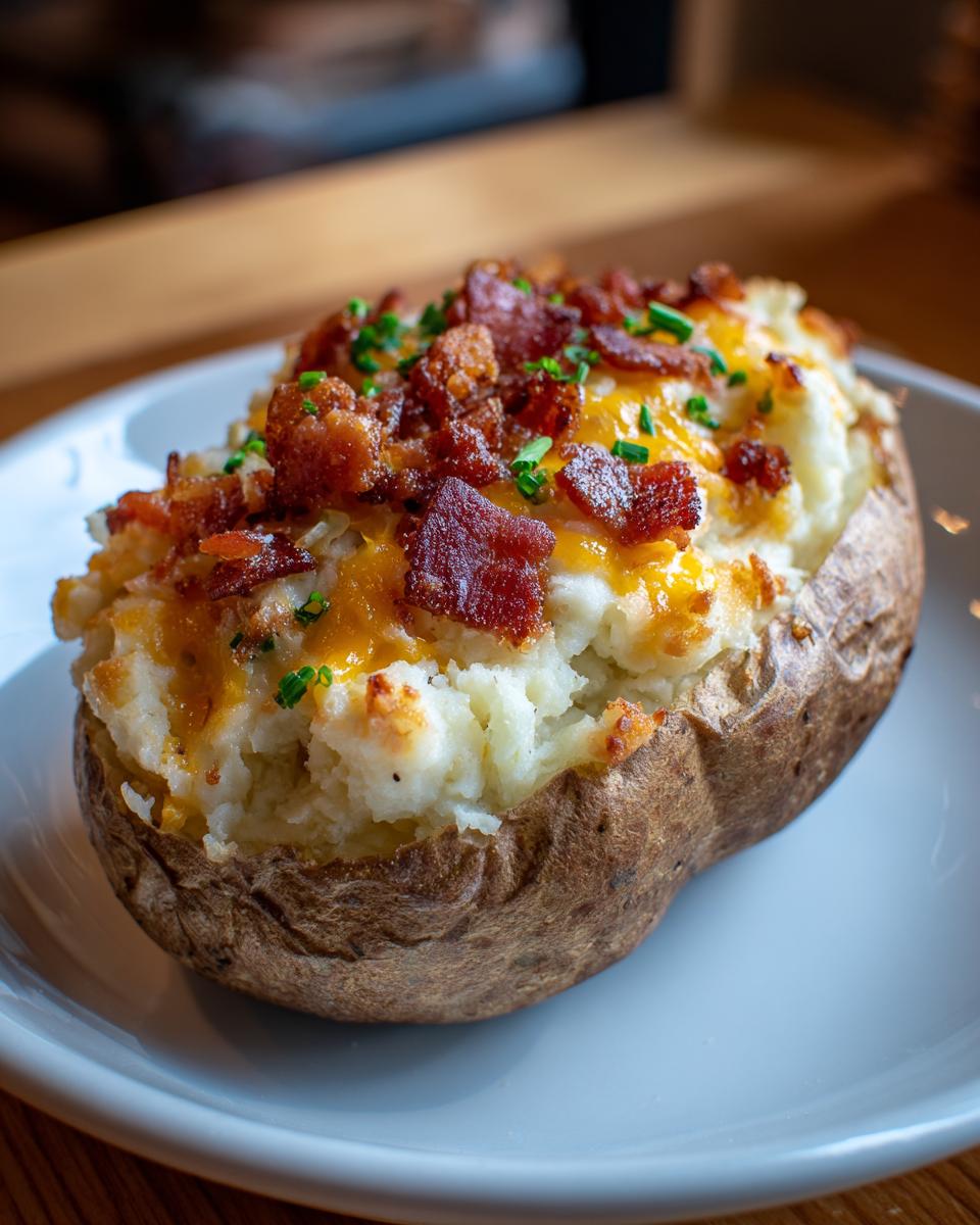 A delicious twice baked potato stuffed with mashed potato, melted cheddar cheese, crispy bacon bits, and chives.