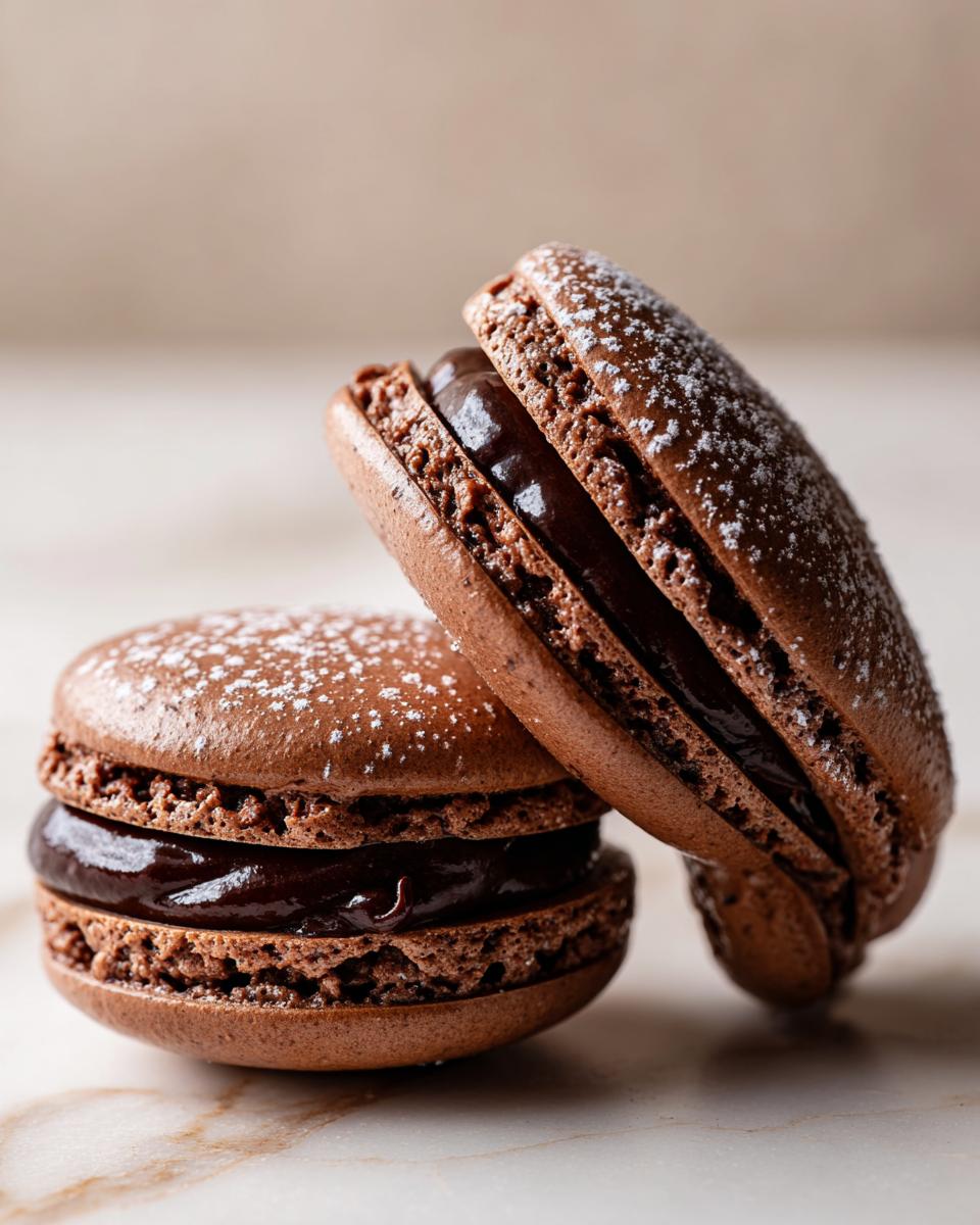 Two decadent chocolate macarons filled with dark ganache, dusted with powdered sugar.