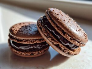 Close-up of two decadent chocolate macarons filled with shiny, dark chocolate ganache, sitting in bright sunlight.
