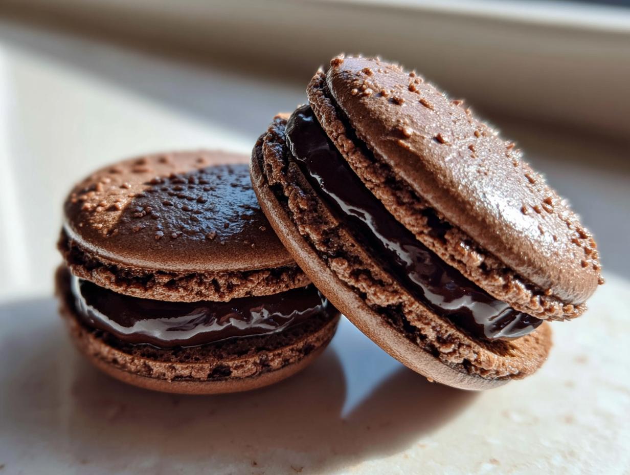 Close-up of two decadent chocolate macarons filled with shiny, dark chocolate ganache, sitting in bright sunlight.