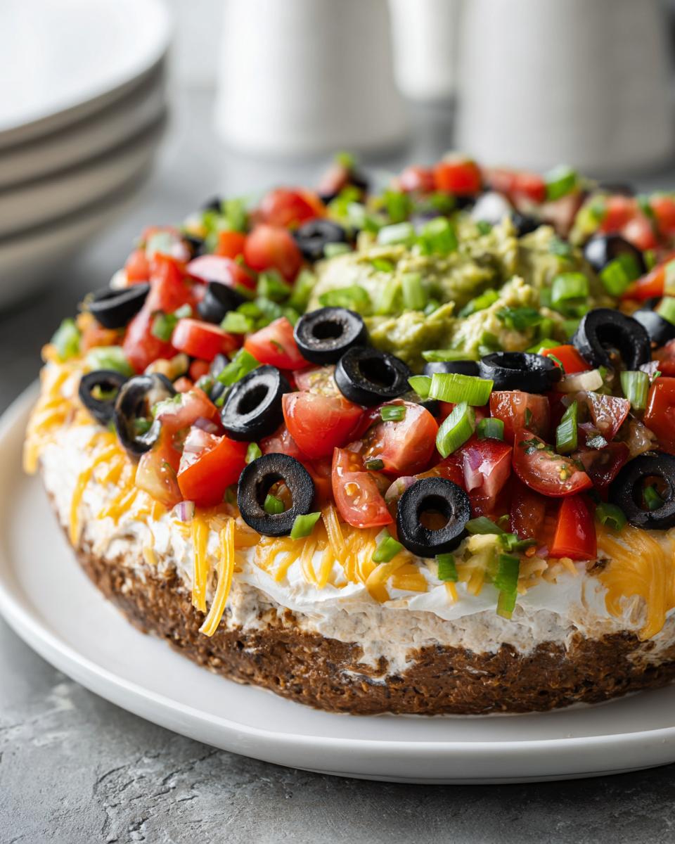 Close-up of an Ultimate 7 Layer dip shaped like a cake, topped with guacamole, tomatoes, olives, and green onions.