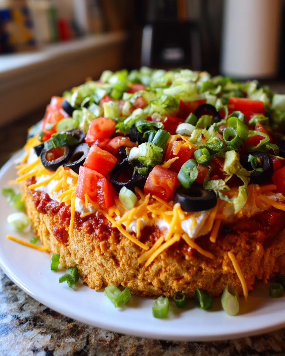 A tall, round Ultimate 7 Layer dip piled high with toppings like cheese, olives, tomatoes, and lettuce.