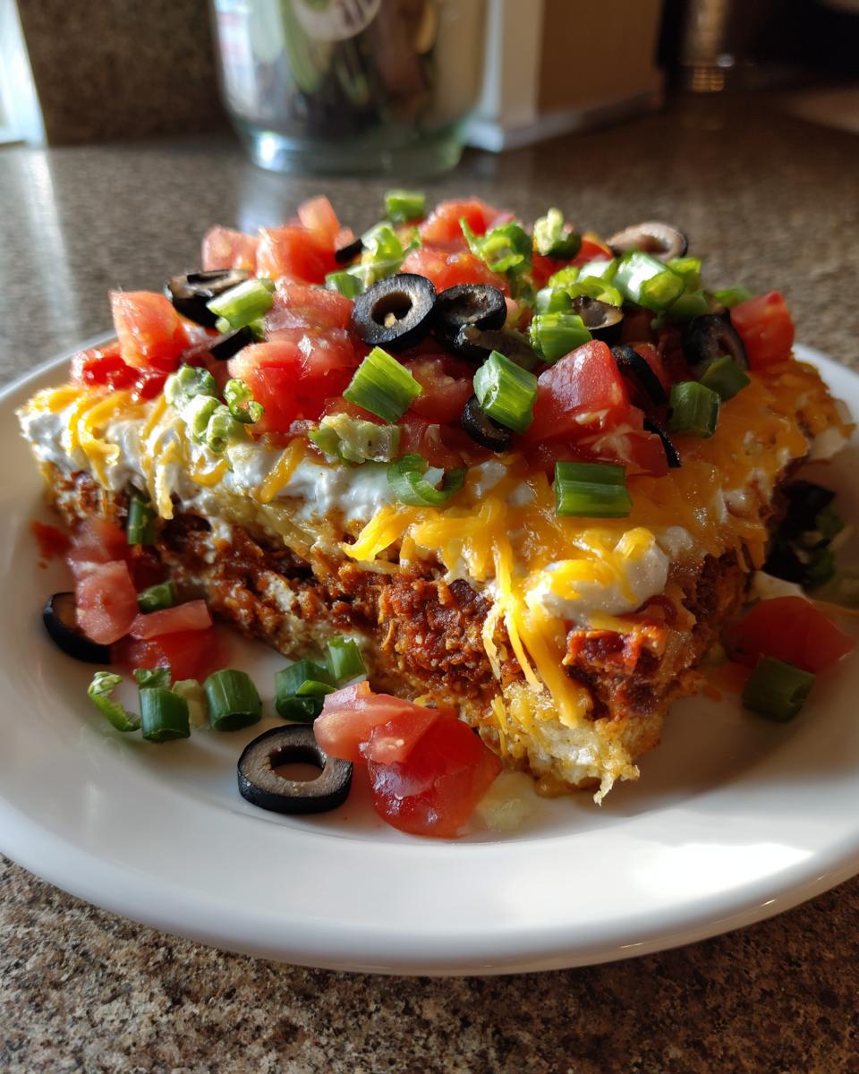 A thick slice of ultimate 7 layer dip showing distinct layers, topped with cheese, sour cream, tomatoes, olives, and green onions.