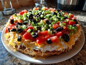 A vibrant, round Ultimate 7 Layer dip topped with shredded cheese, tomatoes, black olives, and green onions.