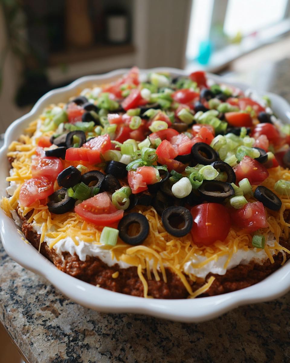 Close-up of a vibrant Ultimate 7 Layer dip topped with shredded cheese, sour cream, tomatoes, olives, and green onions.