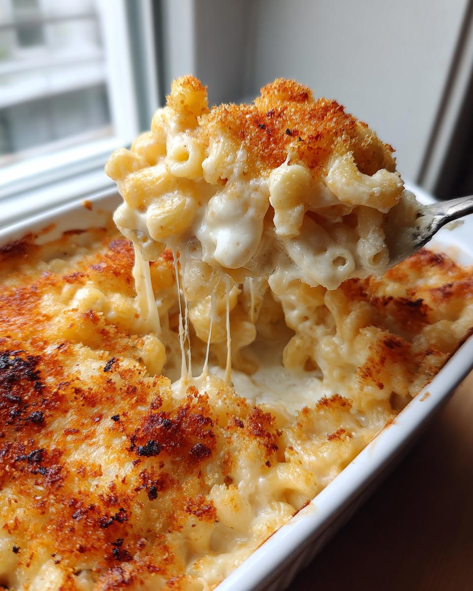 A spoonful of creamy, cheesy baked mac and cheese showing long cheese pulls and a golden brown crust.