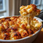 A spoonful of ultimate baked mac and cheese showing extreme cheese pull over a casserole dish.
