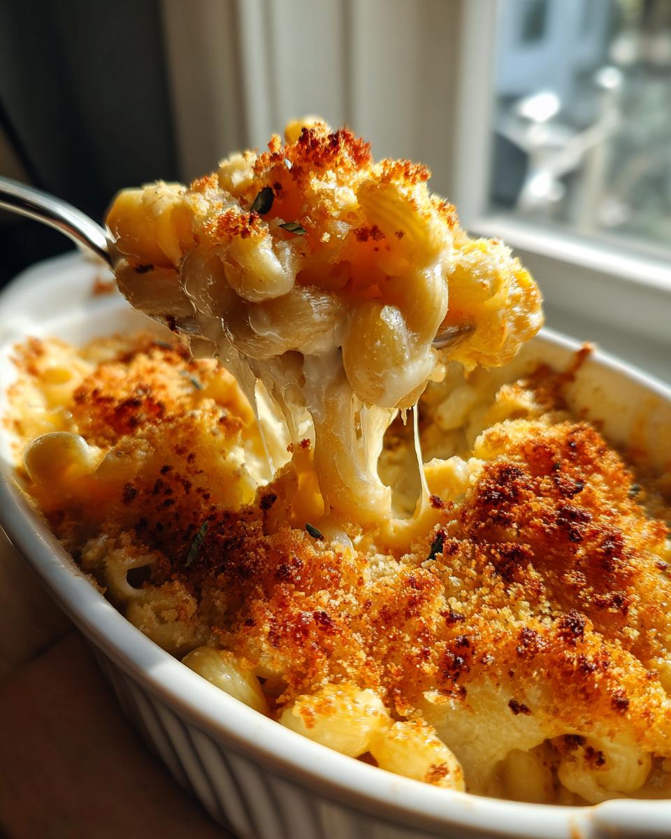A spoonful of creamy baked mac and cheese showing a dramatic cheese pull, topped with golden breadcrumbs.