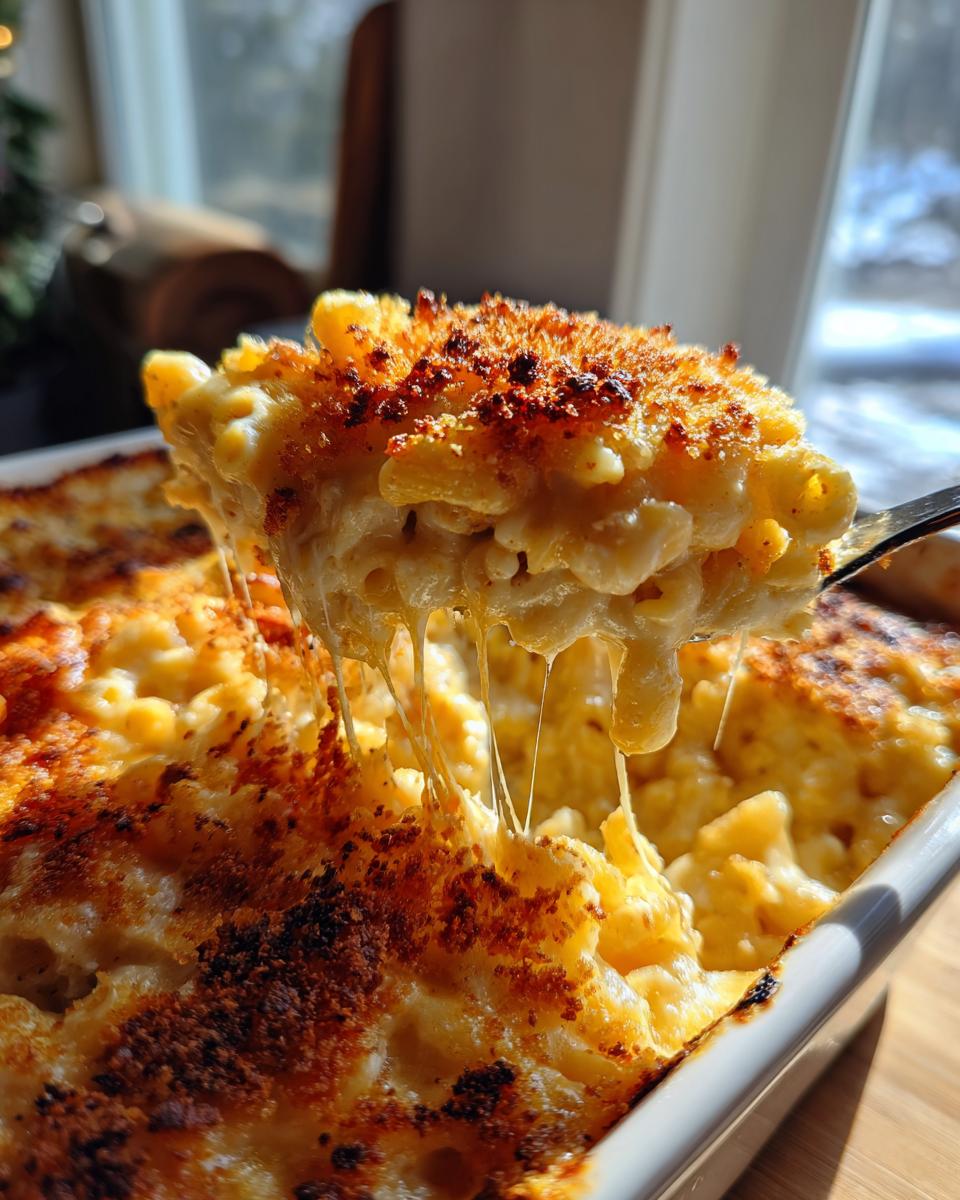 A spoonful of ultimate baked mac and cheese showing a dramatic cheese pull and crispy topping.