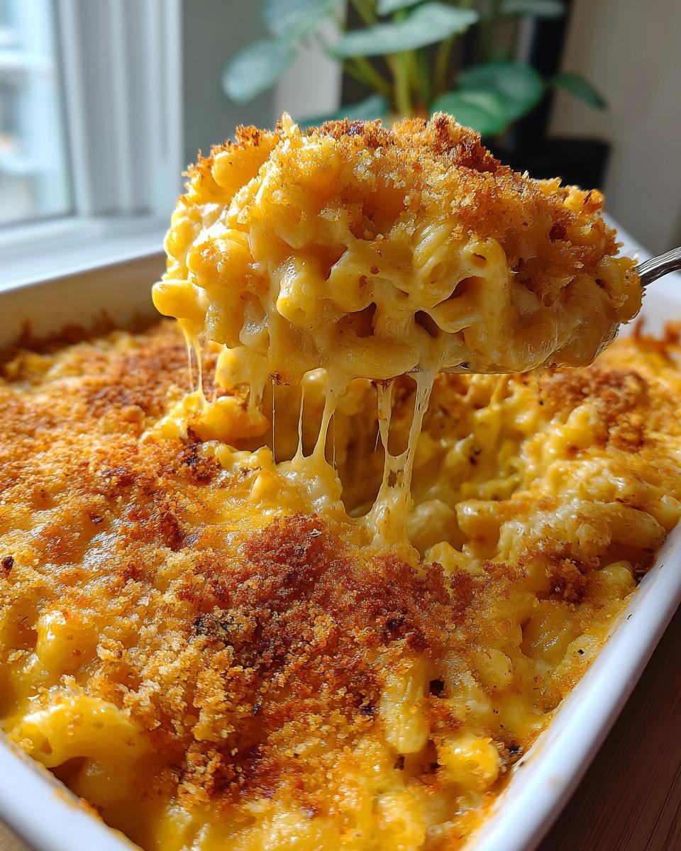 A spoonful of creamy baked mac and cheese showing long cheese pulls over a casserole dish.