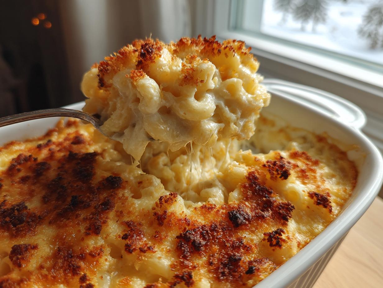 A spoonful of creamy baked mac and cheese showing a dramatic cheese pull, with a crispy browned top.