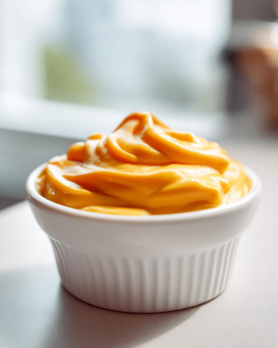 Close-up of rich, bright orange nacho cheese sauce swirled high in a small white ceramic bowl.