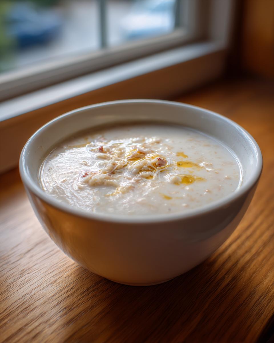A close-up of a white bowl filled with creamy she crab soup, topped with crab meat and a drizzle of oil.