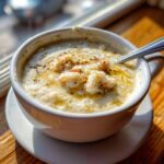 A close-up of a rich, creamy bowl of she crab soup topped with chunks of crab meat and drizzled with oil.