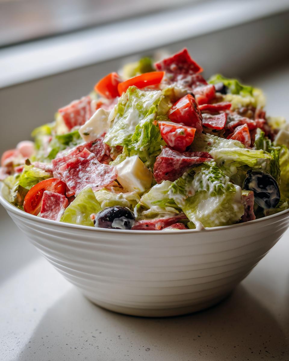 A close-up of a hearty grinder salad featuring lettuce, salami, tomatoes, cheese cubes, and olives tossed in creamy dressing.