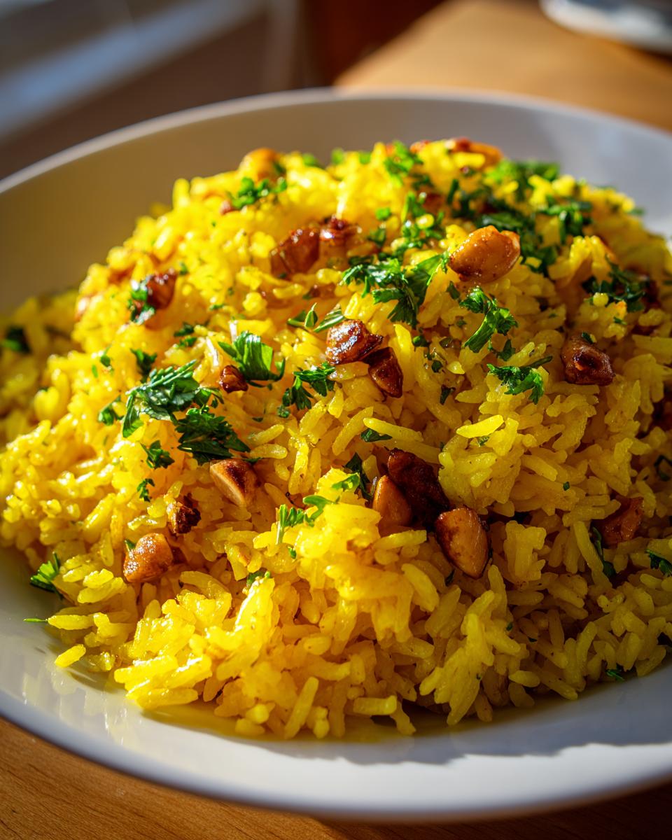 Close-up of vibrant yellow mediterranean rice garnished with toasted nuts and fresh chopped parsley.
