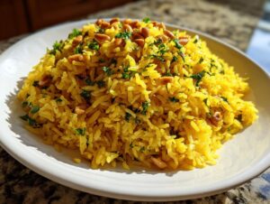 A mound of bright yellow mediterranean rice topped with toasted nuts and fresh chopped parsley on a white plate.