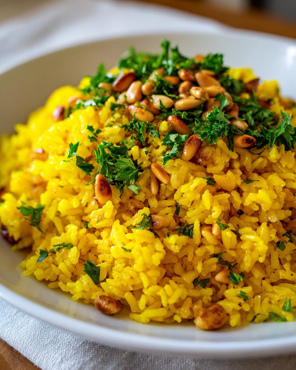 Close-up of bright yellow mediterranean rice garnished with toasted pine nuts and fresh parsley.