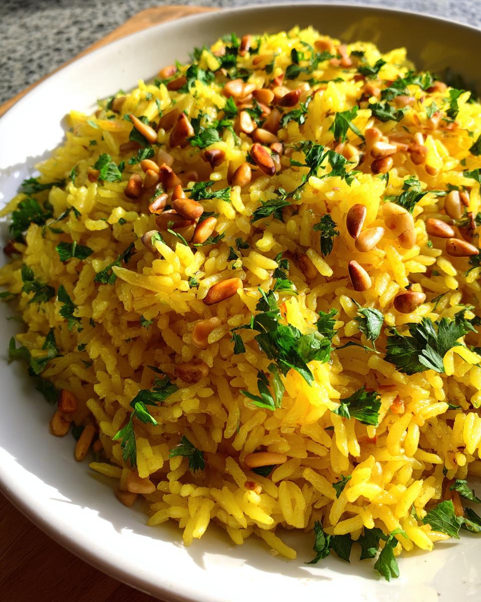 Close-up of vibrant yellow mediterranean rice topped with toasted pine nuts and fresh parsley.