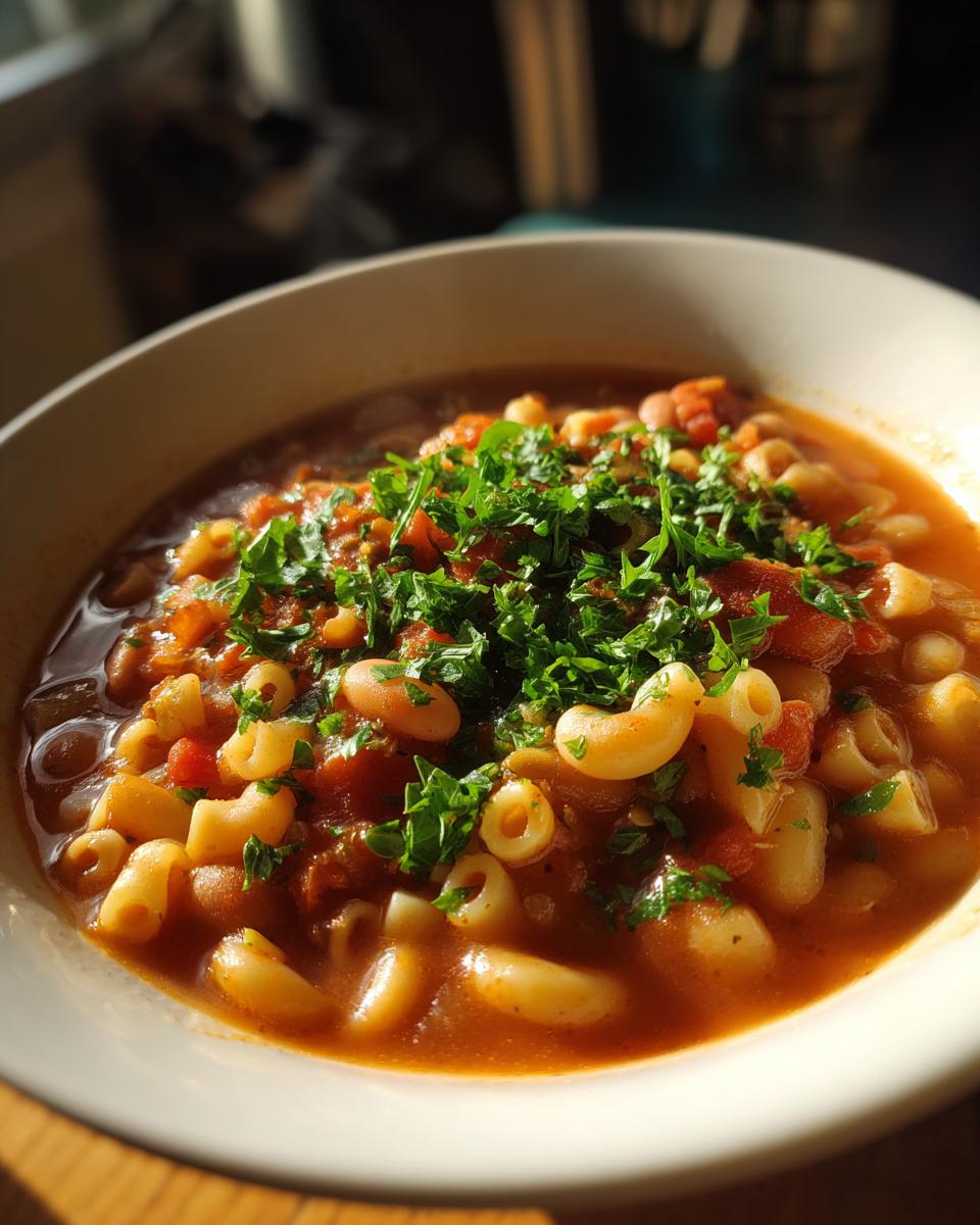 Close-up of a warm bowl of pasta e fagioli soup, featuring elbow macaroni, beans, and a vibrant parsley topping.