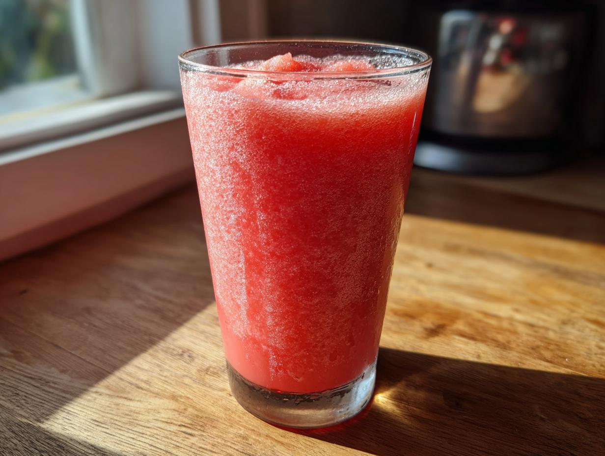 A tall glass filled with a vibrant, icy watermelon smoothie, sitting on a sunlit wooden counter.