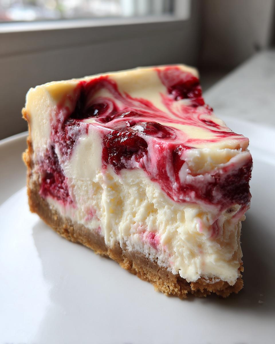A close-up slice of creamy white chocolate raspberry cheesecake with a graham cracker crust, showing raspberry swirls.