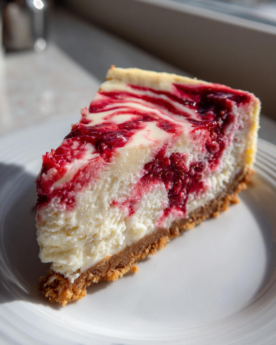 A close-up of a single slice of white chocolate raspberry cheesecake with a graham cracker crust, served on a white plate.