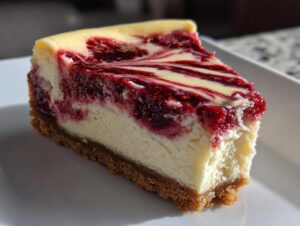 A close-up slice of creamy white chocolate raspberry cheesecake showing a graham cracker crust and a vibrant raspberry swirl.