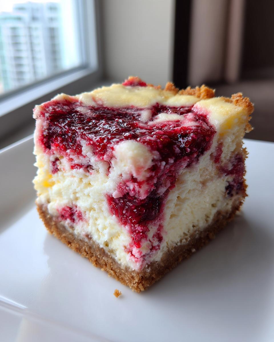 A close-up of a square slice of white chocolate raspberry cheesecake with a graham cracker crust.