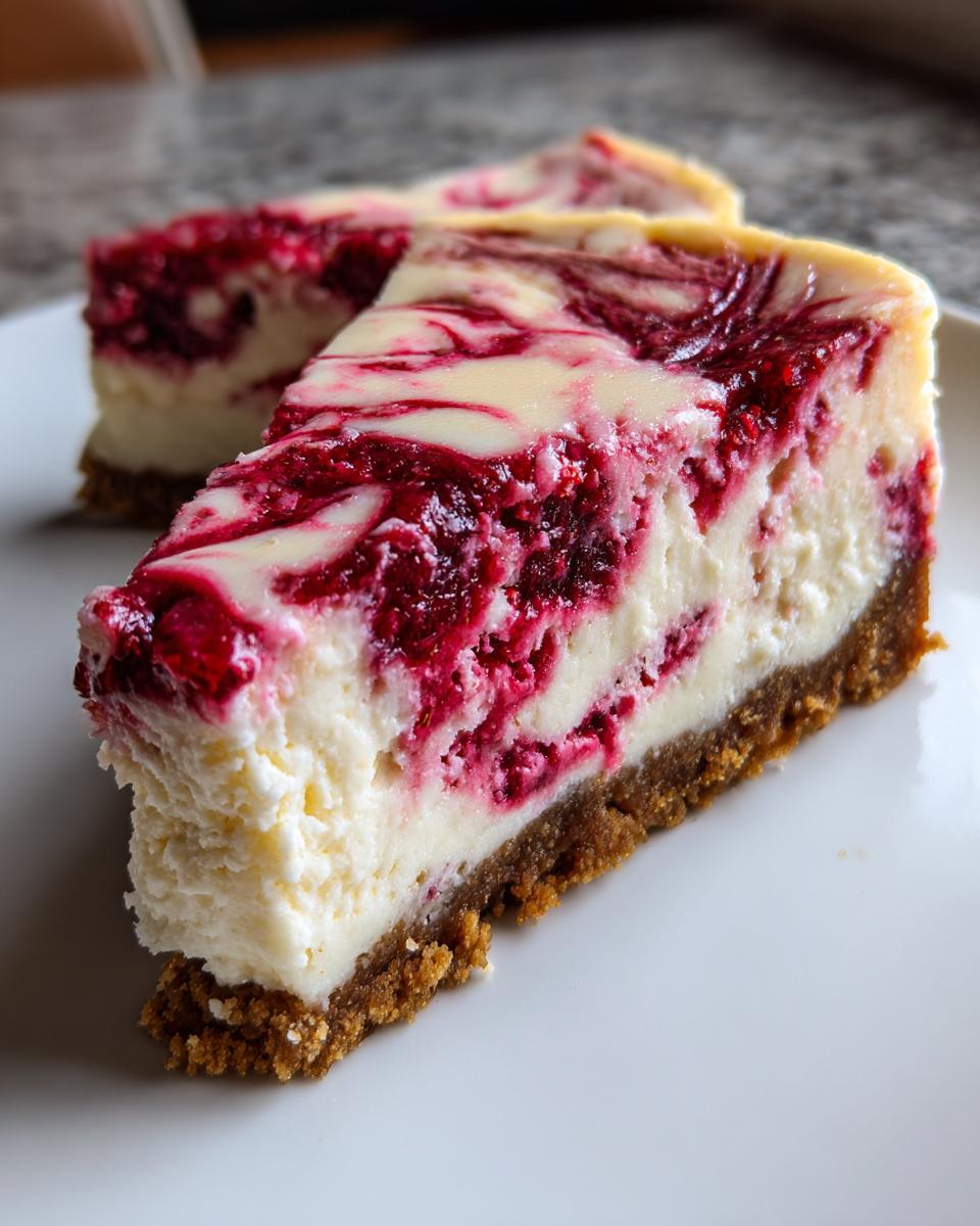 Close-up of two slices of white chocolate raspberry cheesecake showing a graham cracker crust and vibrant raspberry swirl.