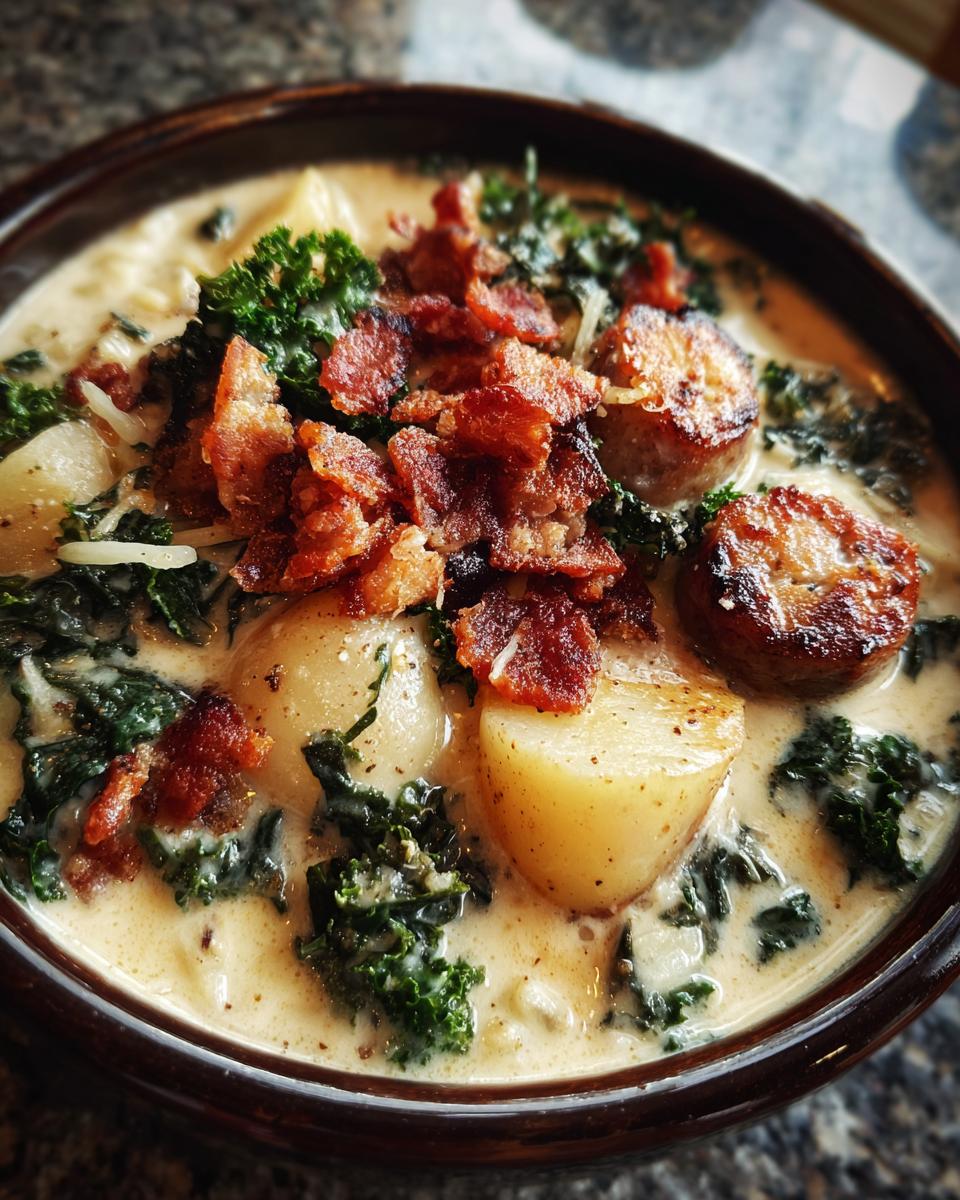 Close-up of a rich bowl of Zuppa Toscana soup featuring potatoes, kale, sausage, and crispy bacon topping.
