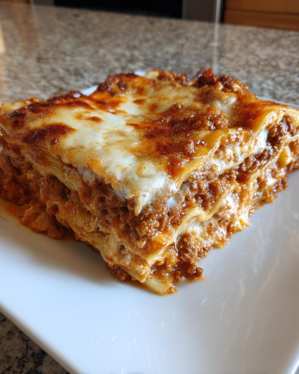 A close-up of a perfectly baked slice of lasagna showing layers of pasta, rich meat sauce, and melted cheese topping.