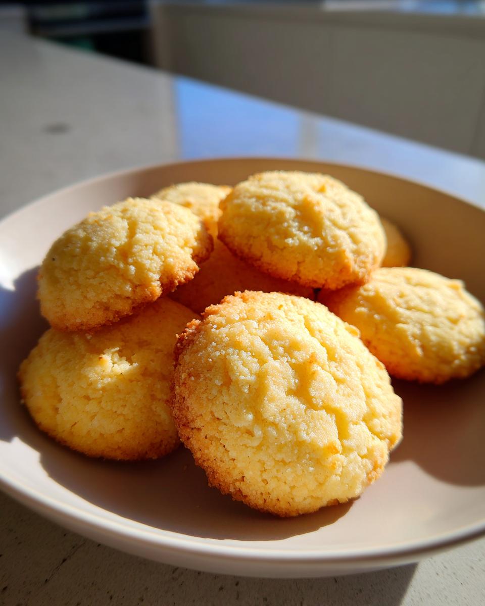 A close-up of several golden, crumbly 3-ingredient butter cookies piled in a light brown bowl.