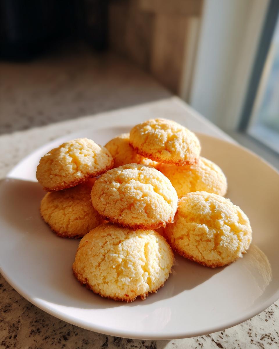 A stack of golden, slightly crumbly 3-ingredient butter cookies resting on a white plate, illuminated by natural light.