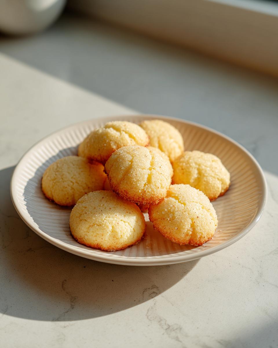 A plate holding several golden 3-ingredient butter cookies, lightly coated in granulated sugar, sitting in bright sunlight.