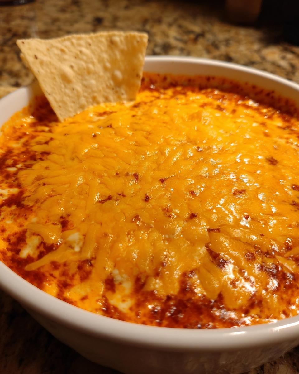 Close-up of a bubbling, cheesy chili cheese dip topped with melted cheddar, with one tortilla chip dipped in.