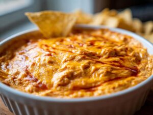 Close-up of a hot, cheesy chili cheese dip in a white bowl with a tortilla chip dipped in.