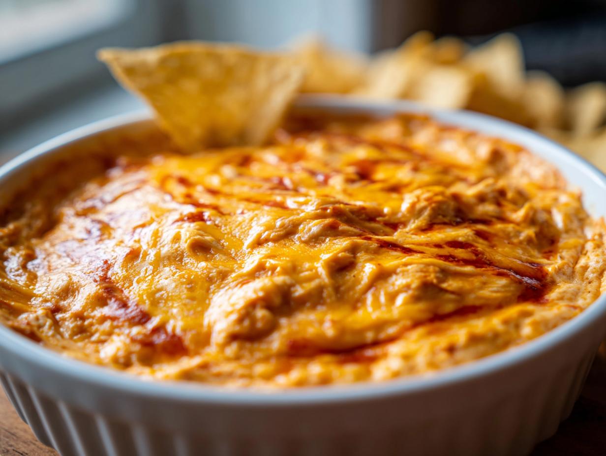Close-up of a hot, cheesy chili cheese dip in a white bowl with a tortilla chip dipped in.