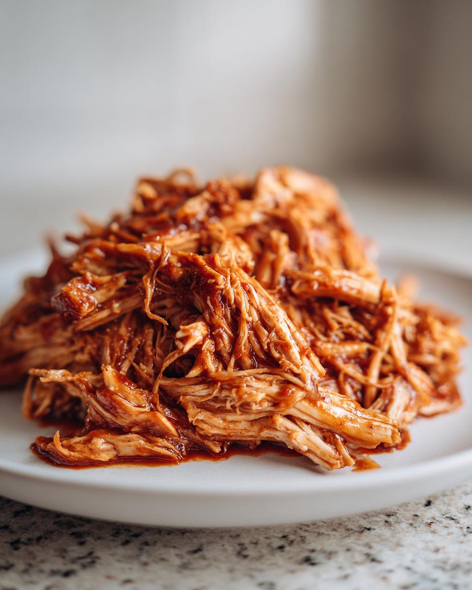 Close-up of a mound of saucy, shredded pulled chicken served on a light gray plate.
