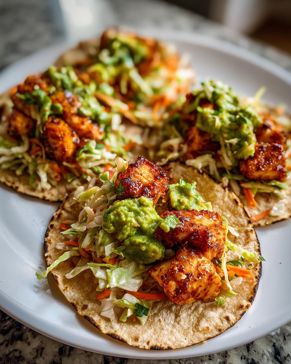 Three delicious salmon tacos filled with seasoned salmon chunks, slaw, and topped with chunky guacamole on a white plate.