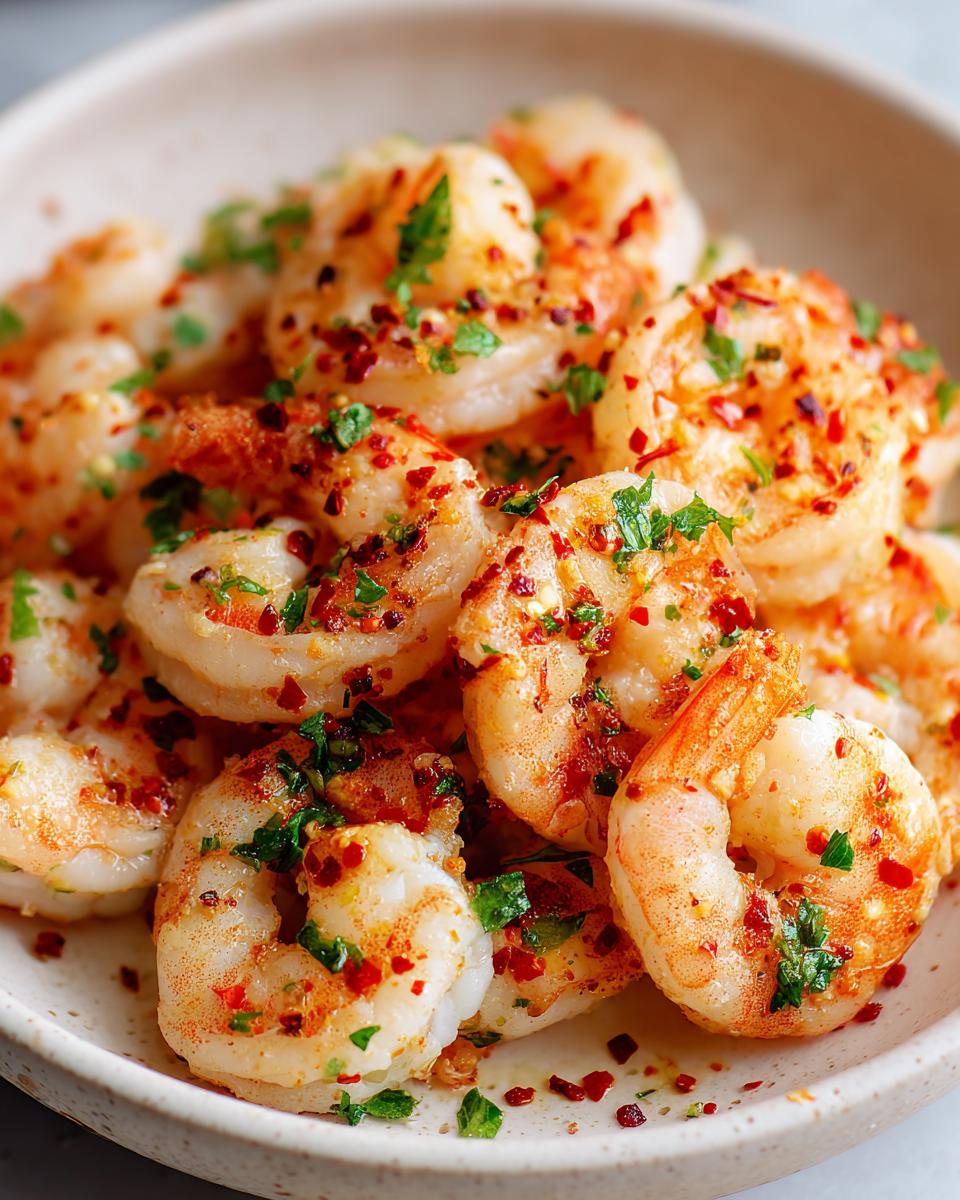 Close-up of perfectly cooked air fryer frozen shrimp seasoned with red chili flakes and fresh parsley.