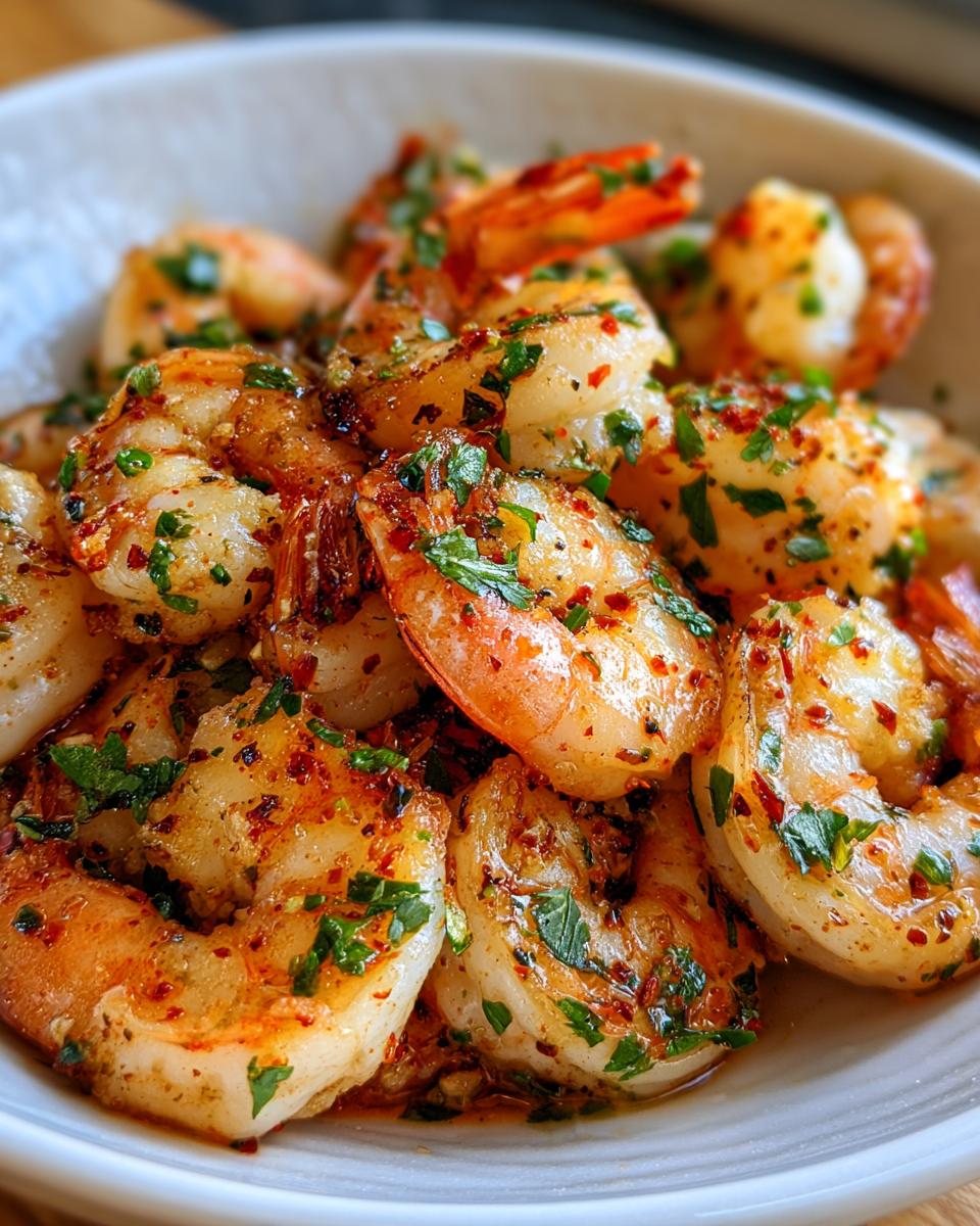 Close-up of perfectly cooked air fryer frozen shrimp tossed in garlic, chili flakes, and fresh parsley.