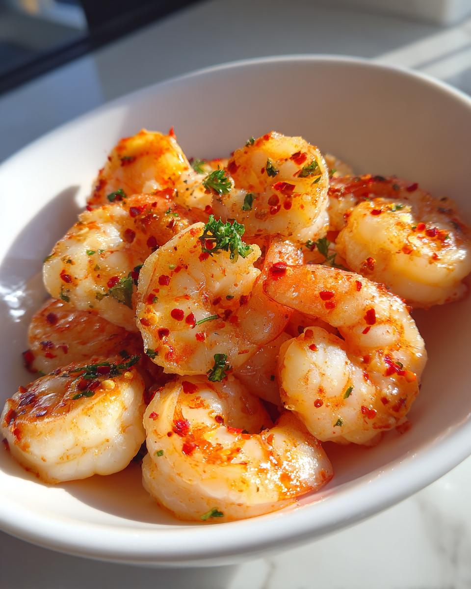Close-up of seasoned air fryer frozen shrimp sprinkled with red pepper flakes and parsley in a white bowl.