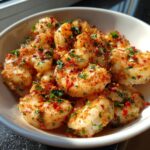 Close-up of perfectly cooked air fryer frozen shrimp seasoned with chili flakes and parsley.