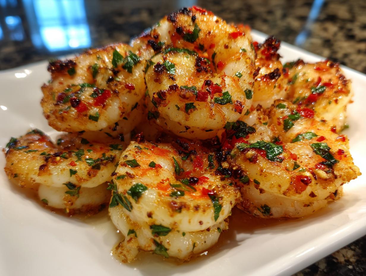 Close-up of seasoned and cooked air fryer frozen shrimp piled on a white plate, sprinkled with herbs and chili flakes.