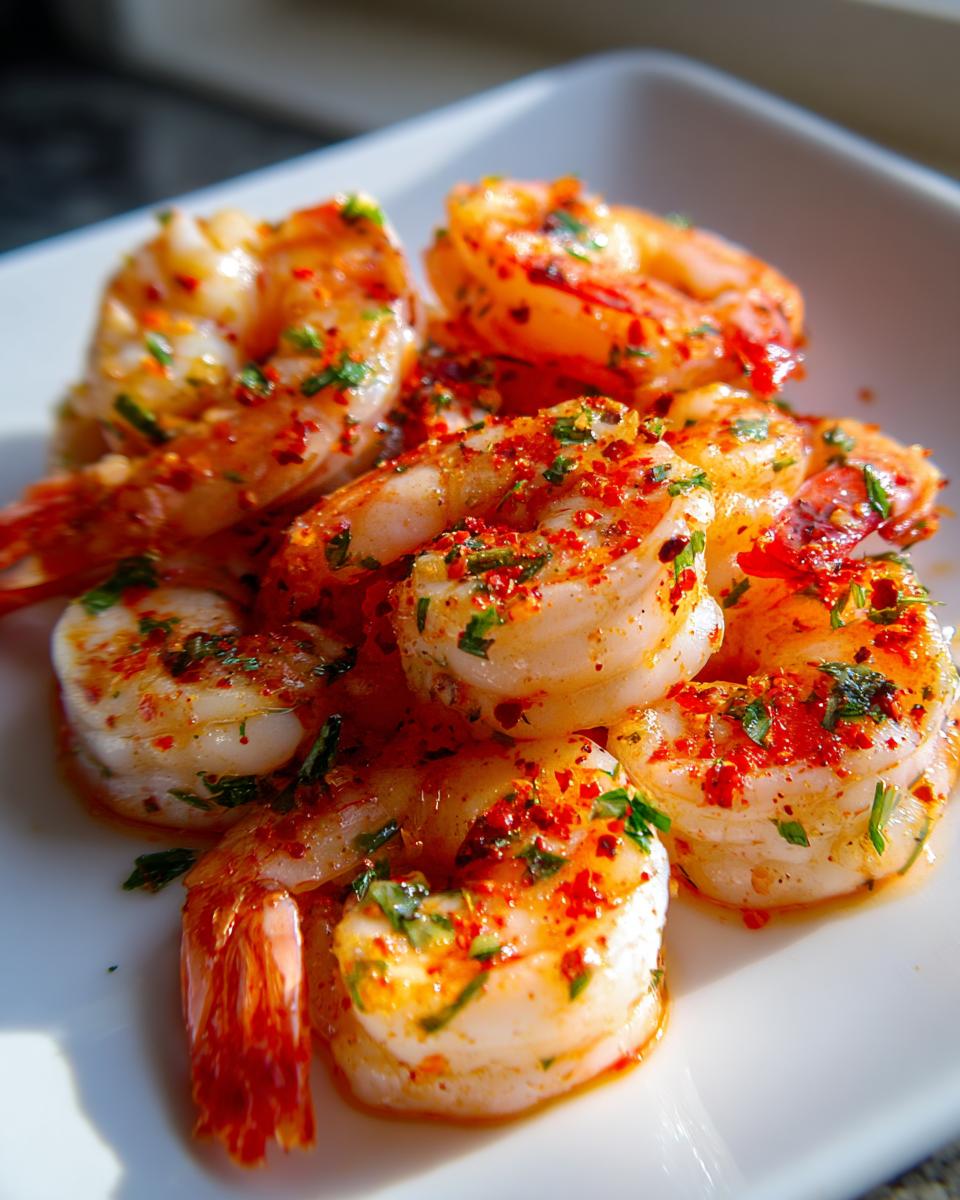 Close-up of juicy, cooked air fryer frozen shrimp seasoned with red pepper flakes and parsley on a white plate.