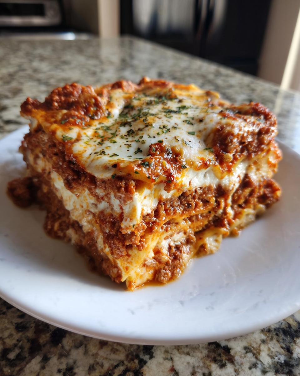A close-up of a thick, cheesy slice of lasagna with rich meat sauce, served on a white plate.